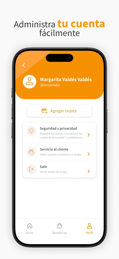UP Sí Vale - Users can easily "Agregar tarjeta" to their profile and access critical features like "Seguridad y privacidad" and customer support.