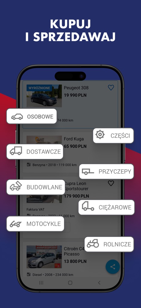 OTOMOTO.pl: Car Marketplace - Users can effortlessly browse a wide range of vehicle categories, from passenger cars to agricultural machinery, and view highlighted listings with clear pricing.