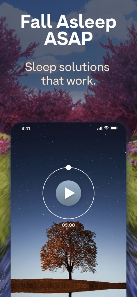 Breethe: Sleep & Meditation - Questa schermata promette un sonno rapido ed efficace, illustrando una soluzione di sonno con un timer di "05:00 minuti" e un'ambientazione serena con un "albero sotto un cielo stellato".