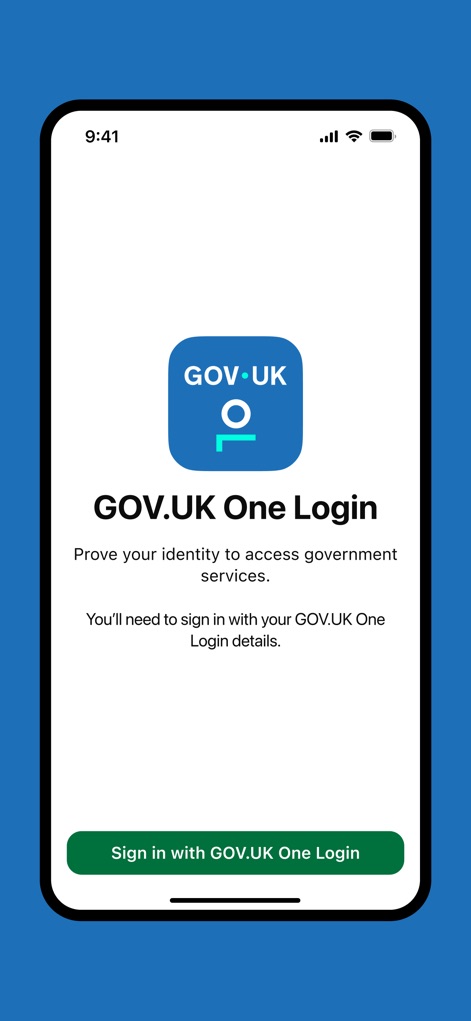 GOV.UK One Login - La pantalla de inicio de la aplicación presenta el logo distintivo de GOV.UK One Login, invitando a los usuarios a iniciar sesión a través del botón prominente 'Sign in with GOV.UK One Login'.
