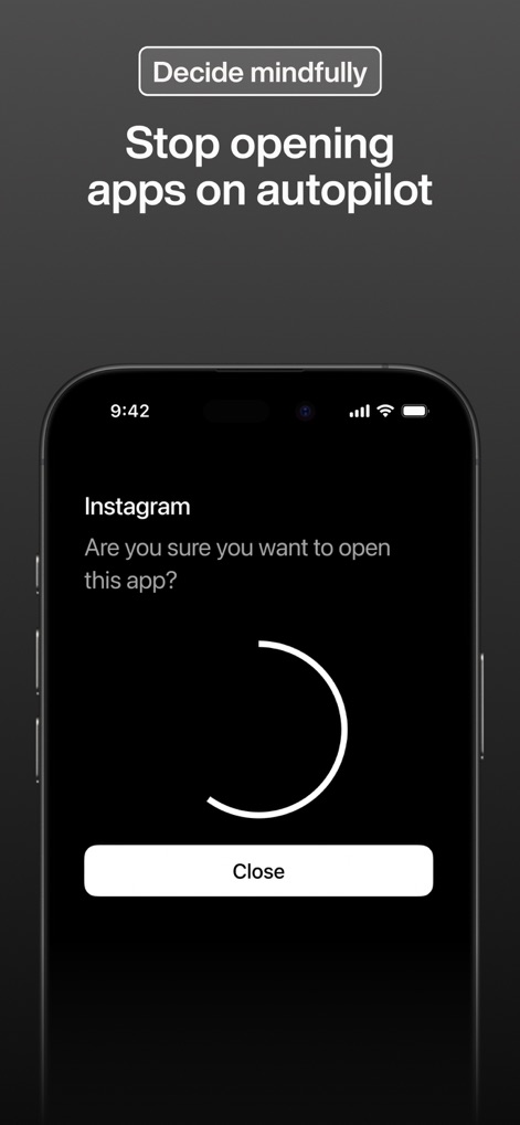 minimalist phone ® - This tool fosters mindful usage by presenting a 'Are you sure you want to open this app?' confirmation prompt and a brief loading spinner to interrupt autopilot behavior.