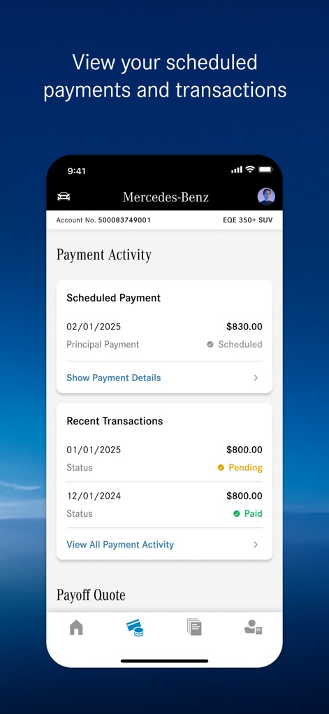 Mercedes-Benz Finance (USA/CA) - The app provides clear oversight of financial activity, displaying both scheduled payments and a detailed list of recent transactions with their respective statuses.
