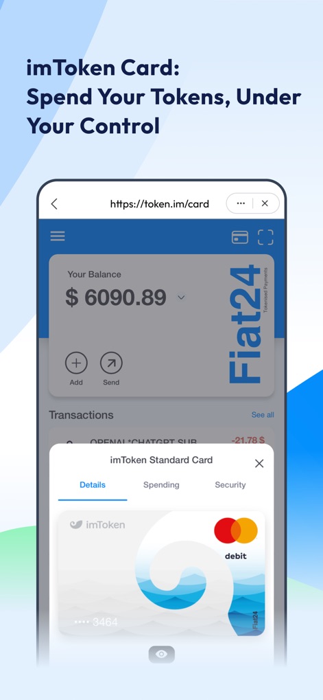 imToken: BTC & ETH Wallet - Observe the integrated imToken Card functionality, enabling direct spending from crypto balances and a clear display of the current balance.