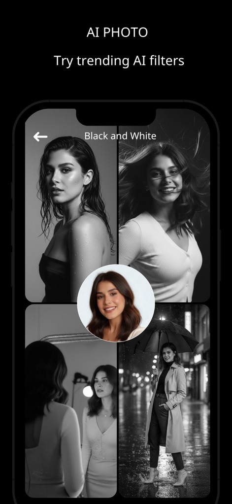 Kimo: AI Photo & Face Analyzer - Sperimenta filtri AI di tendenza, trasformando un selfie a colori in quattro immagini artistiche in bianco e nero che catturano diverse espressioni.