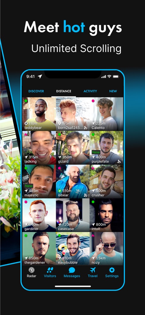 ROMEO - Gay Dating & Chat - Explore the app's intuitive profile grid, featuring user photos and their distance, alongside an easy-to-access navigation bar for key features.