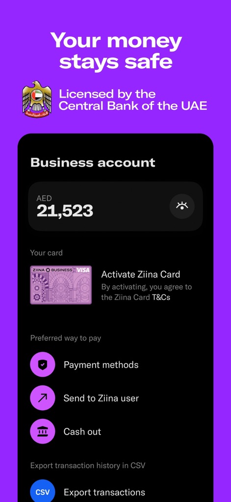Ziina: Send. Spend. Get Paid. - This visual emphasizes the app's licensing by the Central Bank of the UAE and a dedicated section for managing business account balances and payment methods.