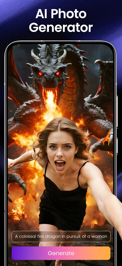 SeaArt: AI Photo & Video Maker - 사용자는 텍스트 프롬프트를 통해 상상 속 장면을 묘사하고, 이 앱의 강력한 AI 기술로 거대한 불뿜는 용과 여인의 극적인 이미지를 생성할 수 있습니다.