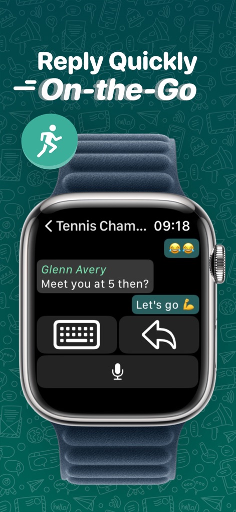 WatchChat 2: Chat on Watch - Observe how users can quickly reply to messages using the on-screen keyboard option and context-aware quick replies.