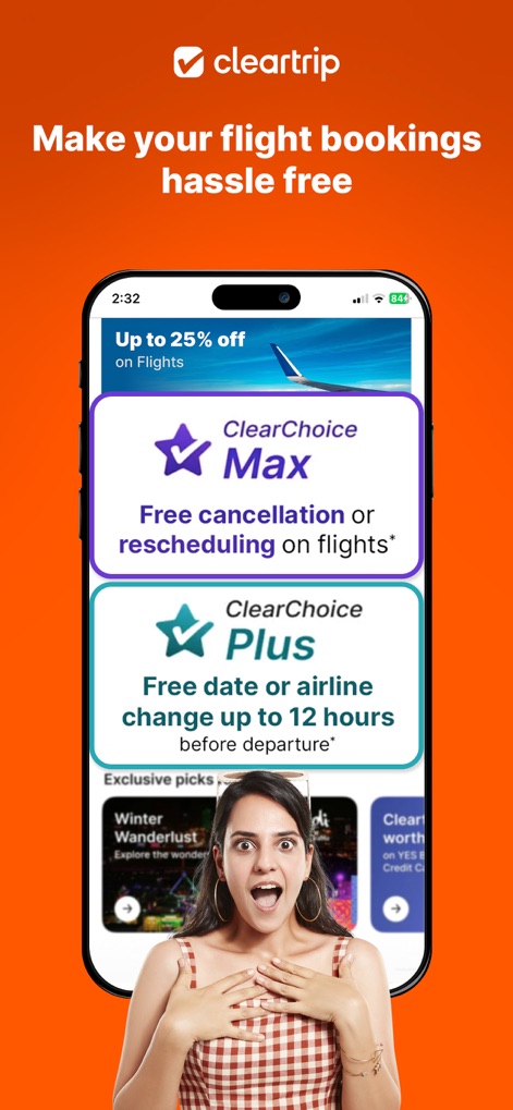 Cleartrip Flights, Hotels, Bus - 이 앱은 ClearChoice Max를 통한 무료 취소 또는 재예약 기능과 ClearChoice Plus를 통한 출발 12시간 전 무료 날짜 변경 옵션을 제공하여 사용자의 항공편 예약 부담을 줄여줍니다.