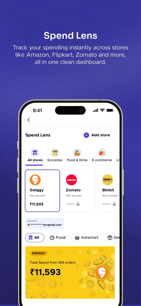 Buyhatke:AI Shopping assistant - Track spending across diverse platforms such as Swiggy and Zomato, consolidated into a clean dashboard displaying total spend.