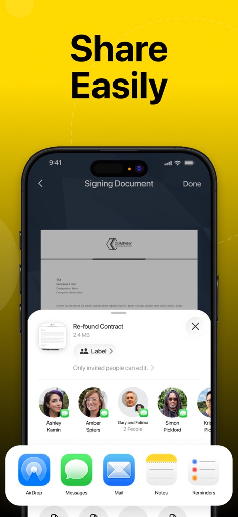 e Signature Scanner, Sign PDF - This tool facilitates effortless document distribution, enabling users to share signed documents via AirDrop and popular messaging services to specific contacts.