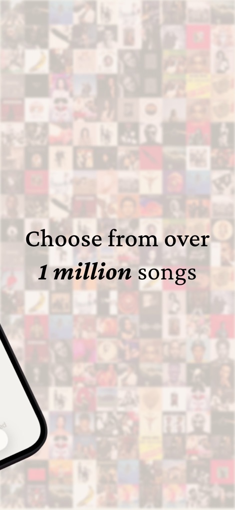 Strum - Play Guitar - The blurred mosaic of album covers visually represents access to a vast music library, enabling users to explore a diverse range of songs for chord detection.