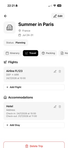 Travel itinerary screenshot