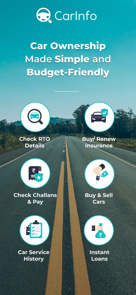 CarInfo - Vehicle Information - Users can grasp the app's core value proposition through its central message and explore six essential vehicle management services at a glance.