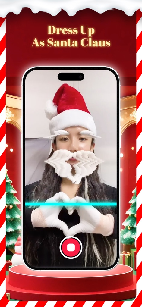 TimeWarp – Time Warp Scan - Users can instantly transform into festive characters like Santa Claus, leveraging the app's face warp filter and the precise blue horizontal scan for comical effects.
