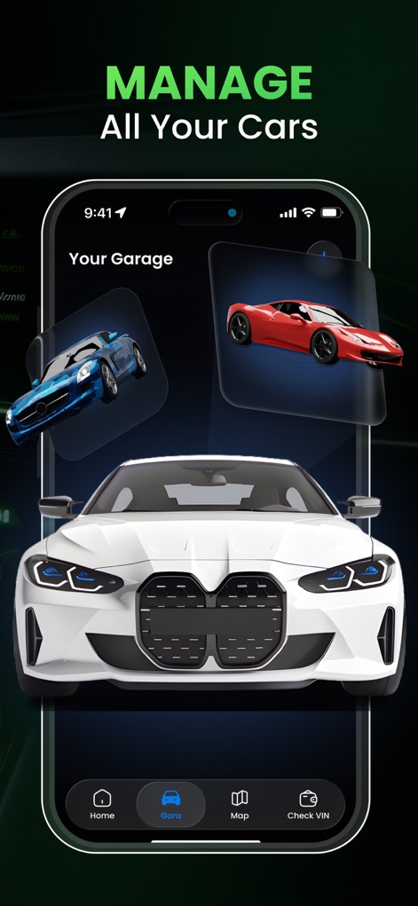 Car.Play Connect: Smart Sync - Users can efficiently manage multiple vehicles within the app, utilizing the 'Your Garage' feature to view and organize different car models.