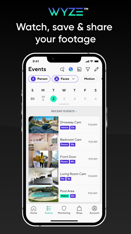 The Official Wyze App App Store screenshot 2, headline “Watch, save & share your footage”. Rounded headline type.