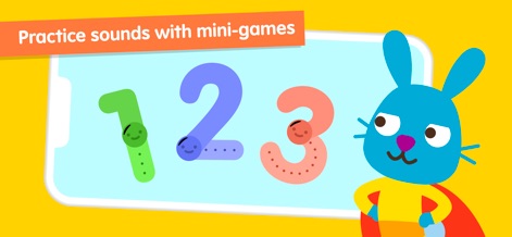 Sago Mini First Words: Kids 1+ - This screenshot illustrates the app's engaging mini-games, featuring a cheerful bunny character and large, interactive numbers '1', '2', '3' for sound practice.