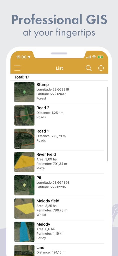 GPS Fields Area Measure Map - Los profesionales pueden visualizar y gestionar un inventario completo de mediciones, incluyendo datos como 'Area: 3,69 ha' para 'River Field' y las coordenadas de 'Stump', en una interfaz de lista organizada.