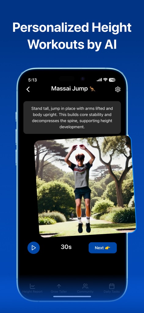 Taller AI - Users can engage with AI-personalized height workouts, featuring detailed instructions like the 'Massai Jump' and timed exercise durations.