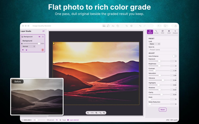 Full canvas with 26 color grading controls and layer panel