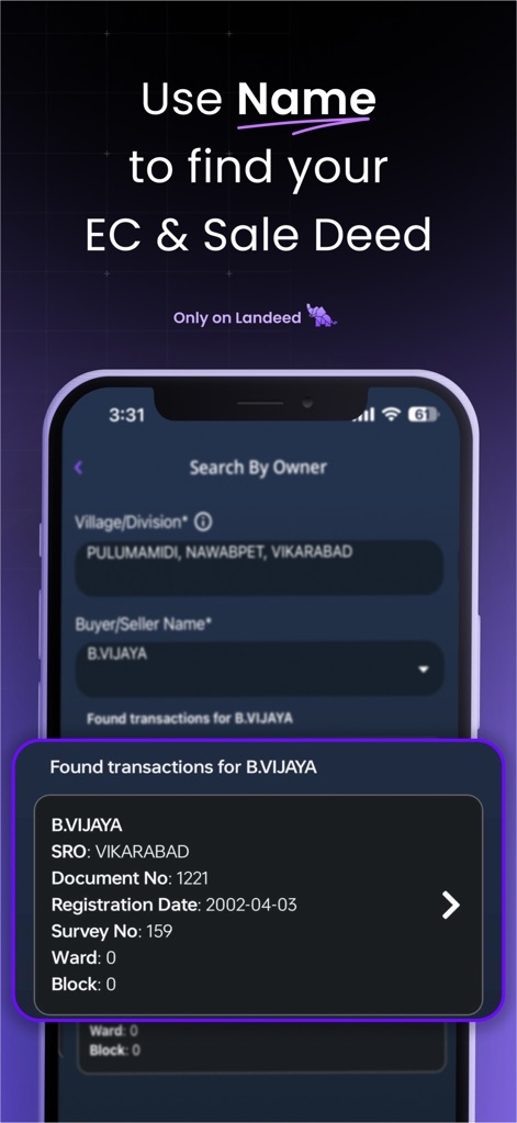 Landeed – Land Records & Bills - The app features a robust 'Search By Owner' interface, displaying detailed transaction results for names like 'B.VIJAYA' to facilitate property record lookups.