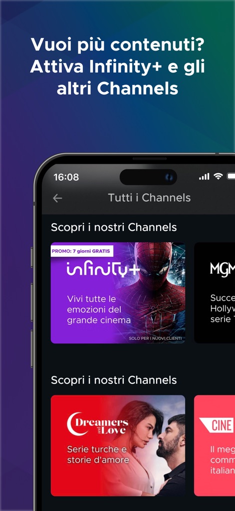 Mediaset Infinity Italia - Explore an expanded entertainment universe by activating premium channels like 'Infinity+' for exclusive content and thematic offerings such as 'Dreamers and Love' series.