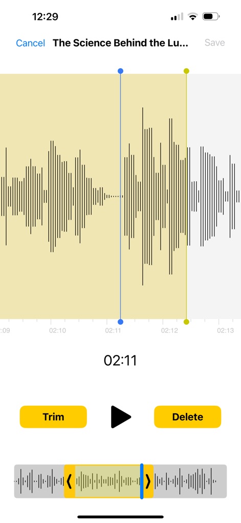 Voice Recorder & Audio Editor - The app provides straightforward audio editing, allowing users to easily select segments for trimming and execute 'Delete' actions with precision.