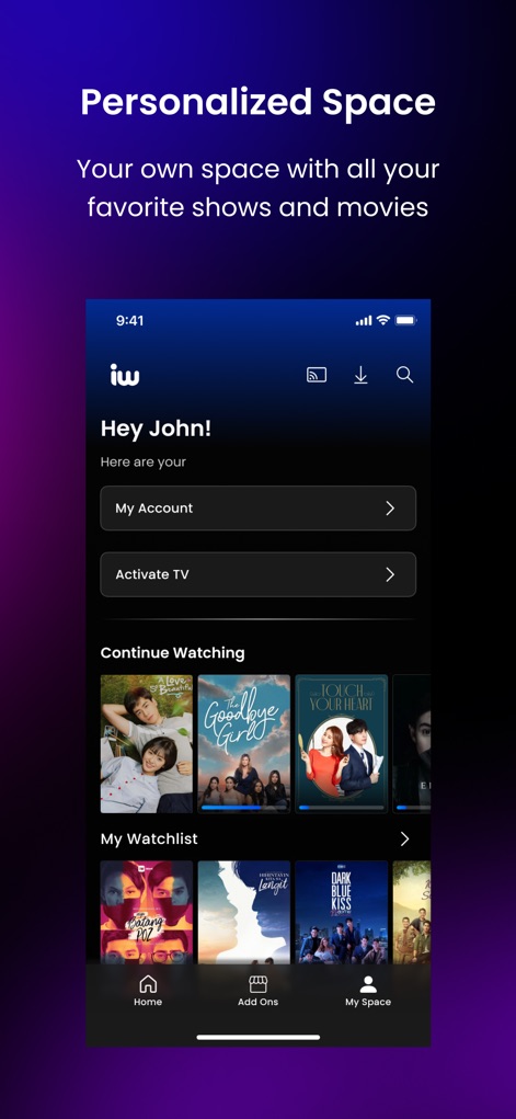 iWantTFC - This personalized "My Space" allows users to access "My Account" settings and view their "Continue Watching" and "My Watchlist" content in one hub.