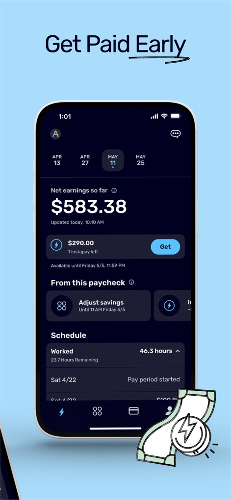 ONE@Work (formerly Even) - Users can effortlessly access earned wages through Instapay, with the screen clearly showing the available amount and a prominent 'Get' button for quick transfers.