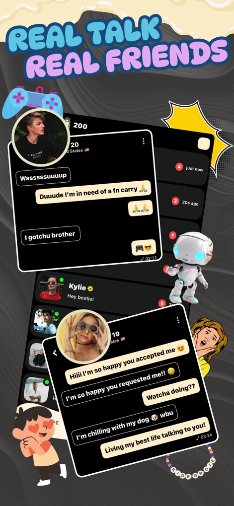 Whipd - Make New Friends - The platform fosters authentic dialogue, displaying lively chat conversations with personal avatars and clear message bubbles to track interactions.