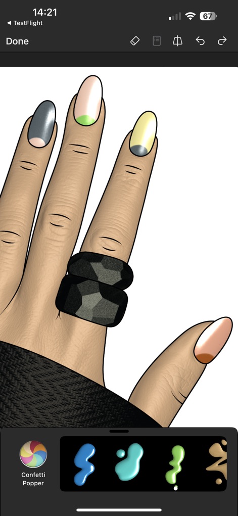 Prêt à Makeup - La herramienta permite crear diseños de uñas abstractos (X) y complementar el look con accesorios como anillos detallados (Y).