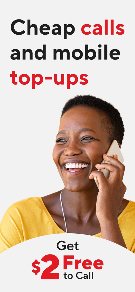 BOSS Revolution: Call & Top up - This initial screen highlights the app's core offerings, showcasing both cheap international calls and a welcoming $2 free calling bonus for new users.
