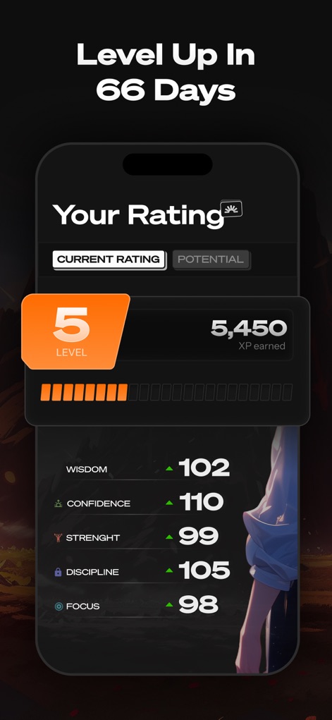 Life Reset: 66 Day Habit - Observe the app's RPG-inspired leveling system, showcasing current "Level" and accumulated "XP", alongside detailed attribute scores for Wisdom and Confidence.