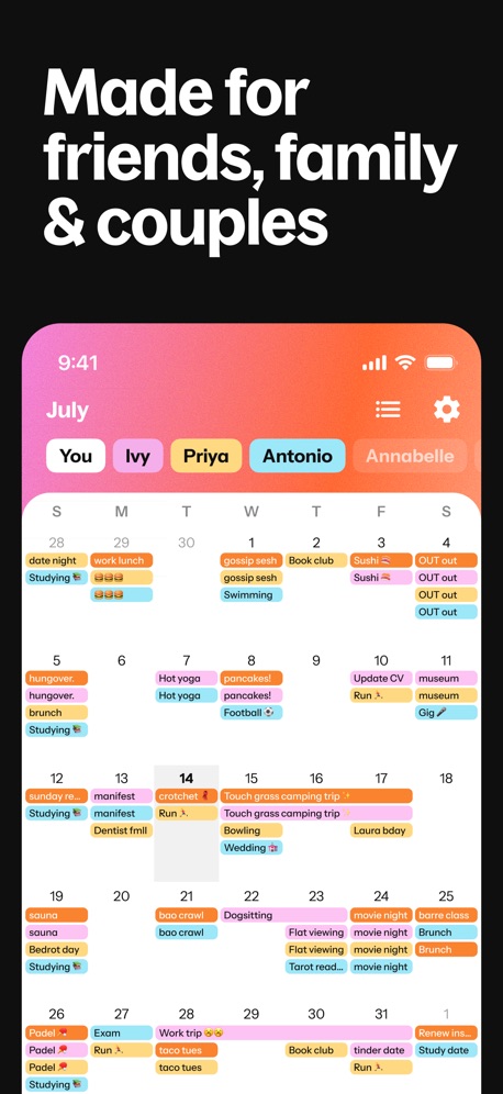 Howbout: shared calendar App Store screenshot 1, headline “Made for friends, family & couples”. Leads with who it is for.