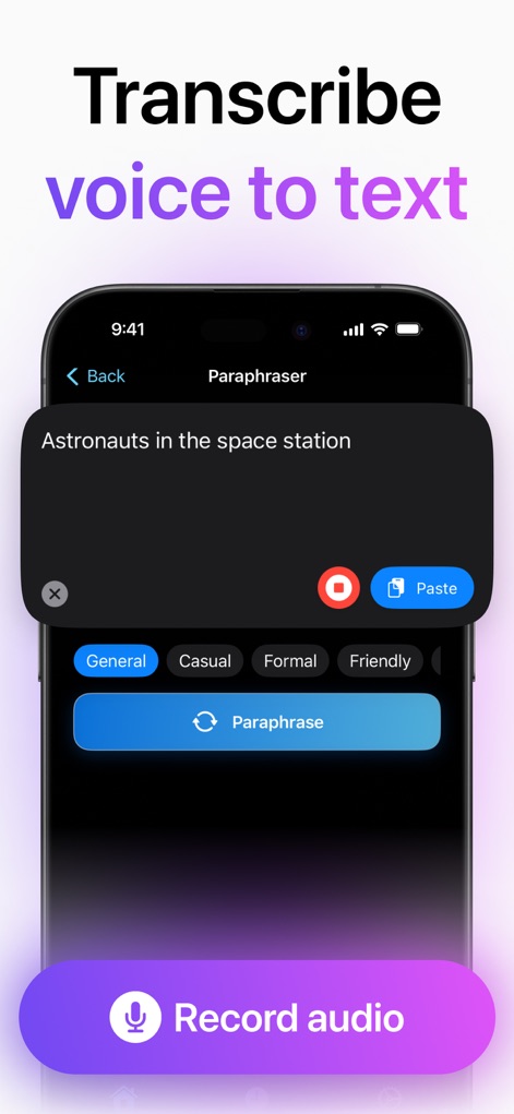 Humanize AI: Paraphrase Tools - La schermata evidenzia l'efficiente funzione di "Input vocale" dell'app, che consente agli utenti di dettare rapidamente, e la visualizzazione del testo trascritto nel "Campo di testo" superiore, semplificando la creazione e la riformulazione dei contenuti.