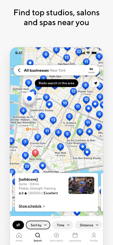 ClassPass: Fitness, Spa, Salon App Store screenshot 2, headline “Find top studios, salons and spas near you”. Star rating shown.