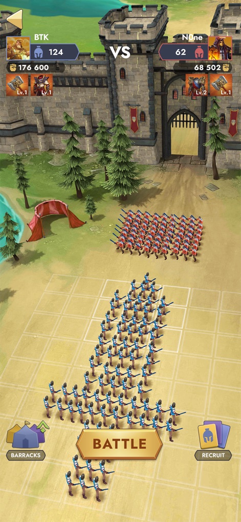 Kingdom Clash:Medieval Defense - Strategic pre-battle positioning of troops on a grid and the formidable castle gate background emphasize tactical planning.