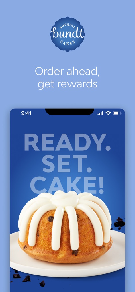 Nothing Bundt Cakes - The app welcomes users with a bold 'READY. SET. CAKE!' call to action and an enticing image of a perfectly frosted Bundtlet.