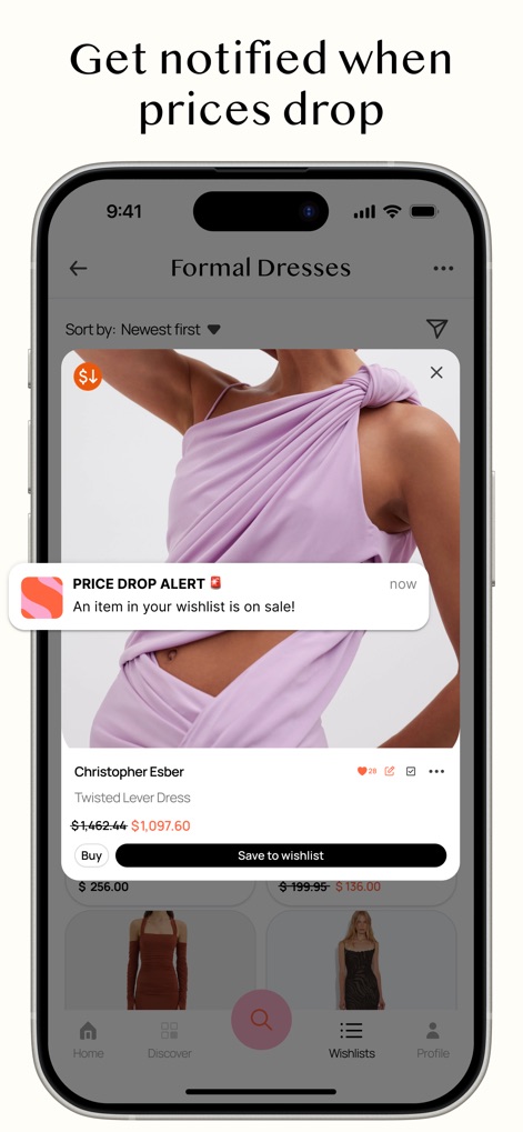 Sortd | Shopping Wishlist App - Esta herramienta notifica a los usuarios con alertas de bajada de precio, destacando descuentos significativos en artículos como el 'Christopher Esber Twisted Lever Dress' con su precio rebajado de $1,462.44 a $1,097.60, asegurando que no se pierdan ninguna oferta.