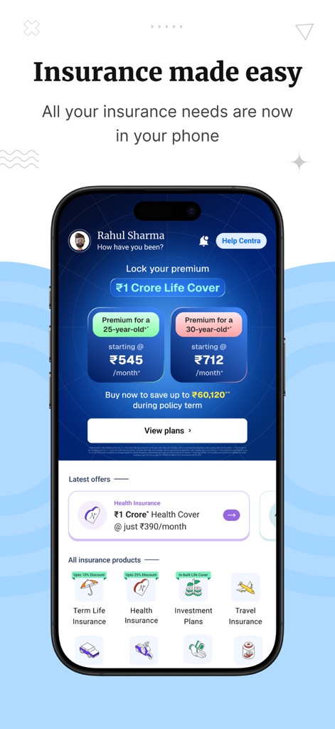 Policybazaar - Buy Insurance - The app offers a personalized greeting with user profile details and intuitive access to a variety of insurance products like Term Life and Health.