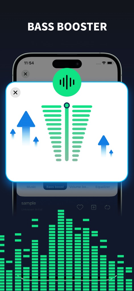 Bass Booster - Volume Booster - Discover the powerful 'BASS BOOSTER' visualizer, illustrating how the app enriches low frequencies within the integrated music player.