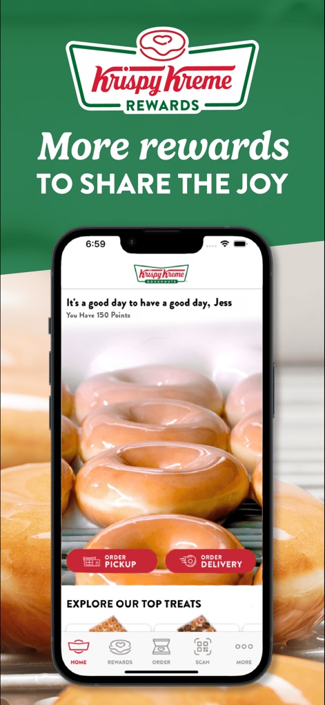 Krispy Kreme ® - The app's home screen provides an immediate overview of loyalty points ('You Have 150 Points') and quick action buttons for 'Order Pickup' and 'Order Delivery'.
