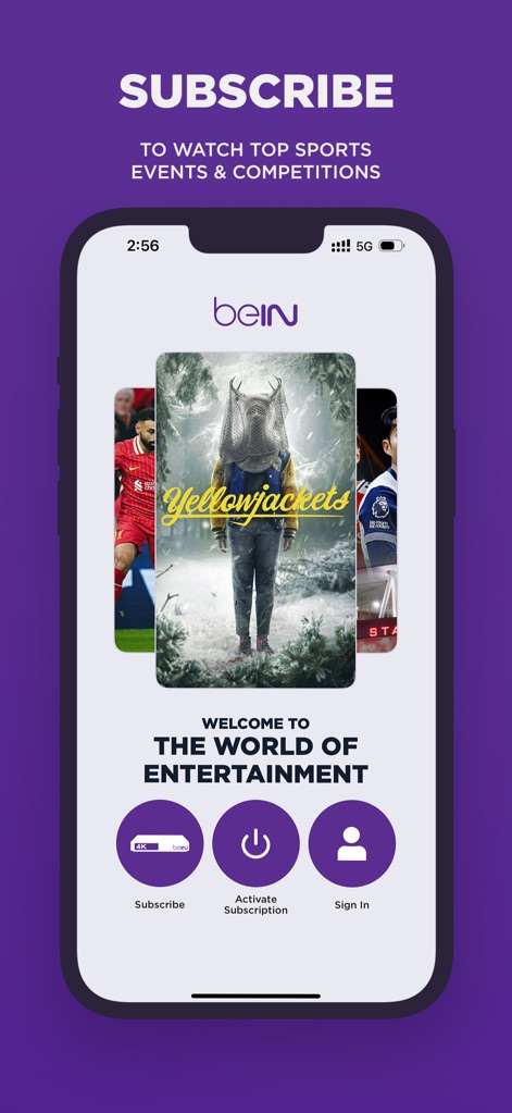 beIN - Die App bietet eine intuitive Startseite, auf der Nutzer schnell durch ein Inhaltekarussell blättern und über die prominent platzierten Zugangsoptionen Abonnements abschließen oder sich anmelden können.