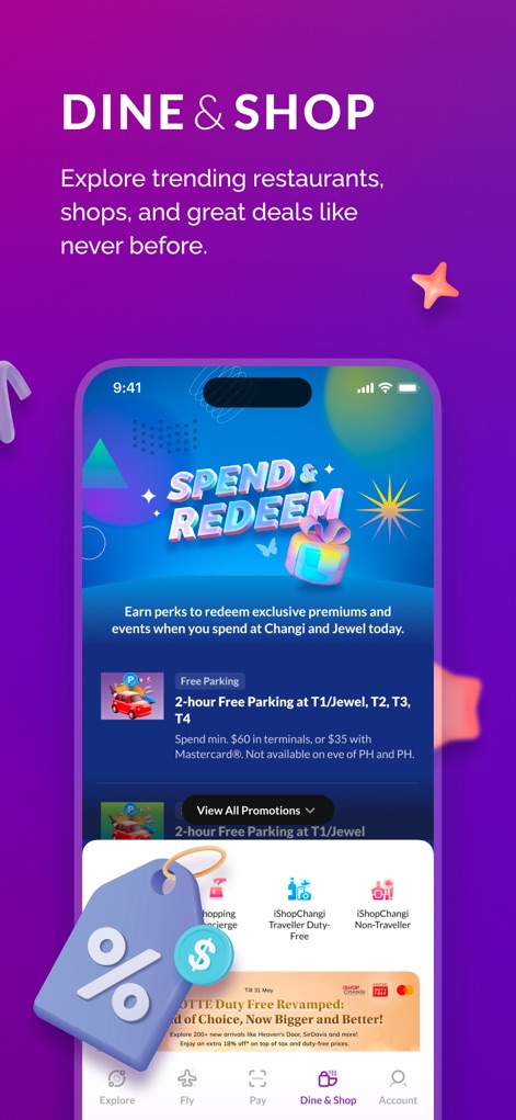 Changi App - The 'Dine & Shop' interface highlights compelling promotions such as '2-hour Free Parking' and various 'iShopChangi' deals for users.