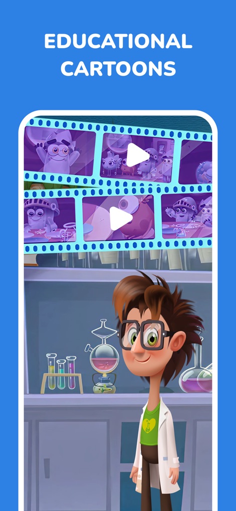 Intellecto Kids Learning Games - Los niños pueden disfrutar de contenido educativo a través de dibujos animados interactivos, como lo demuestra un joven científico en un laboratorio y las tiras de película que muestran escenas de personajes.