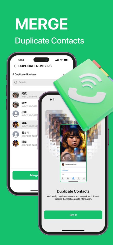 LIME Cleaner - Storage Cleanup - The app streamlines contact organization by identifying and merging 'Duplicate Numbers', providing a clean contact list and a clear 'Merge' action button.