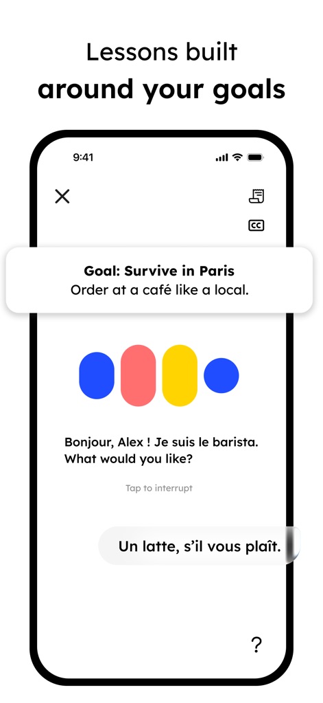 Language Learning: Pingo AI - Observe how the app centers learning around personal objectives, exemplified by a "Goal: Survive in Paris" banner, within an interactive, real-time dialogue simulation.