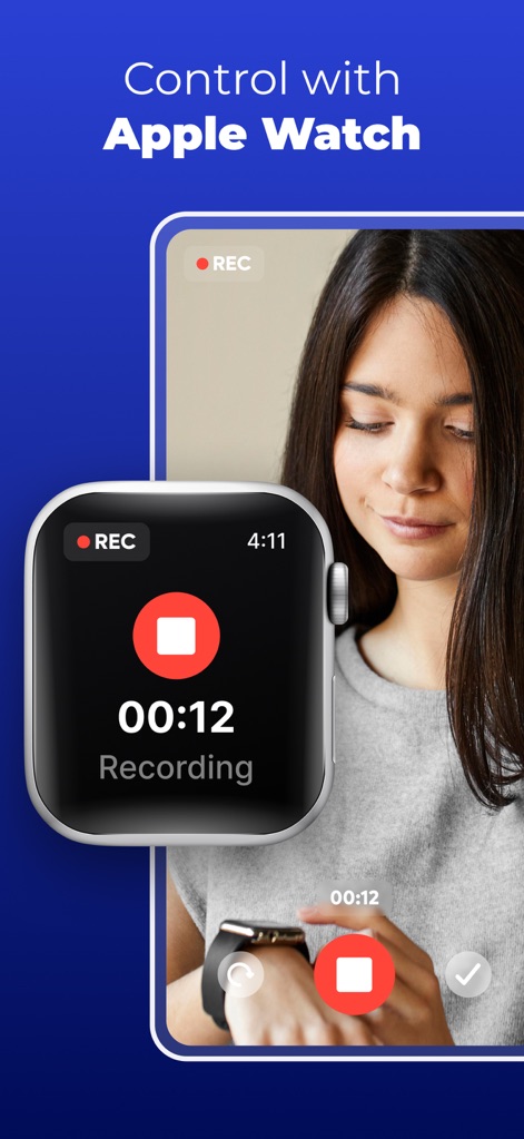 Teleprompter - VILO - Los usuarios controlan la grabación de forma remota desde su Apple Watch, visualizando los controles y la duración directamente en su muñeca.