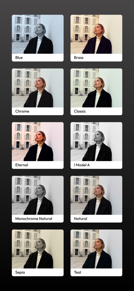 Leica LUX - Pro Manual Camera - Discover a comprehensive palette of creative styles, from the moody 'Blue' to the vibrant 'Brass,' allowing users to instantly transform photos with iconic Leica color science and film simulations.